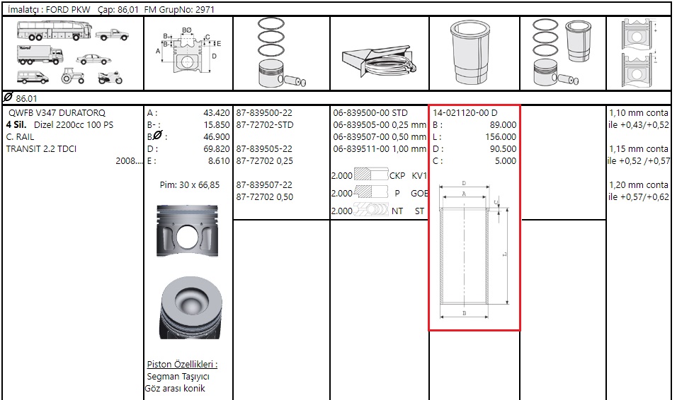 GOMLEK NORMAL 86.00mm TRANSIT V.347 V.348 2.2D 06>