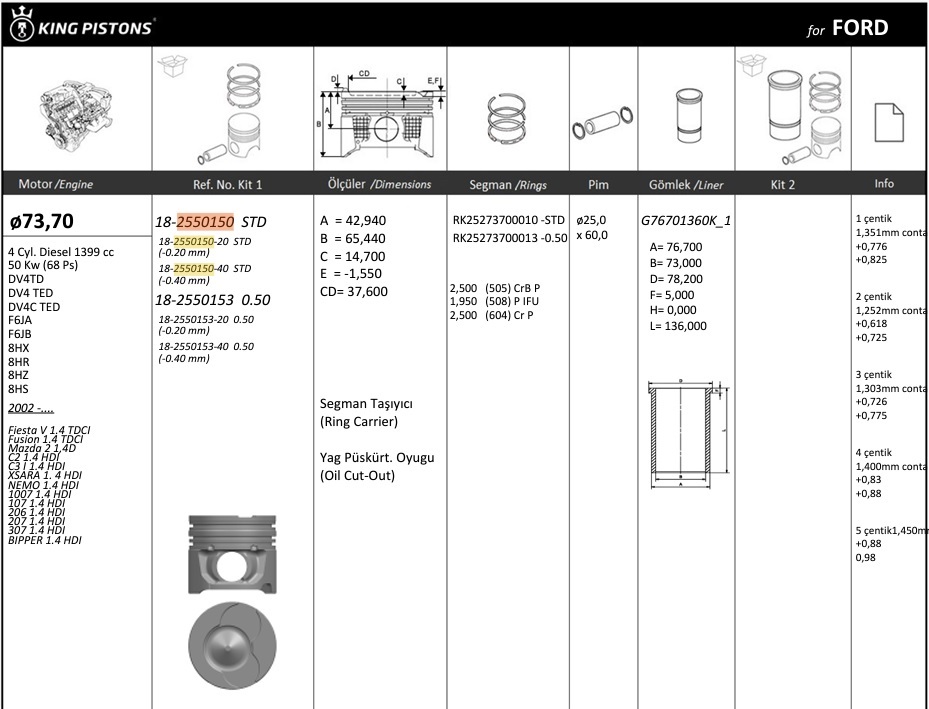 PISTON SEGMAN 051(73.70mm-020k?sa)FIESTA1.4TDCI 02